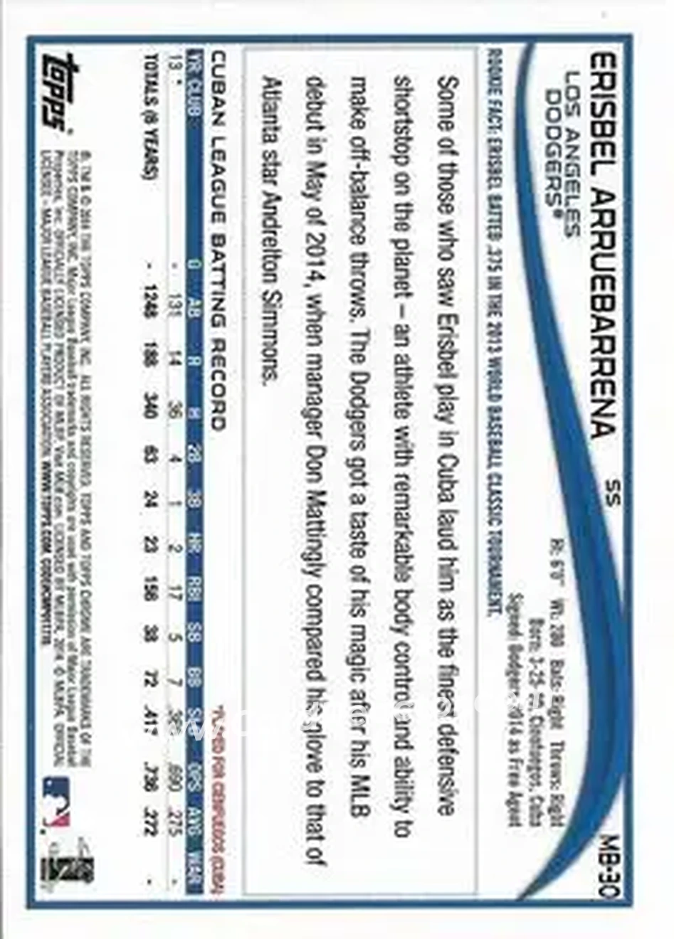 2014 Topps Chrome Update #MB-30 - Erisbel Arruebarrena - Los Angeles Dodgers - Back