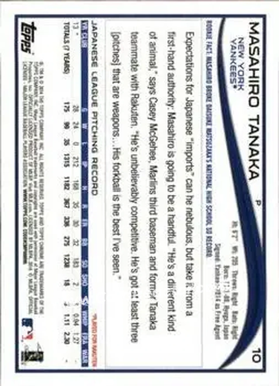 2014 Topps Chrome #10b - Masahiro Tanaka - New York Yankees - Back