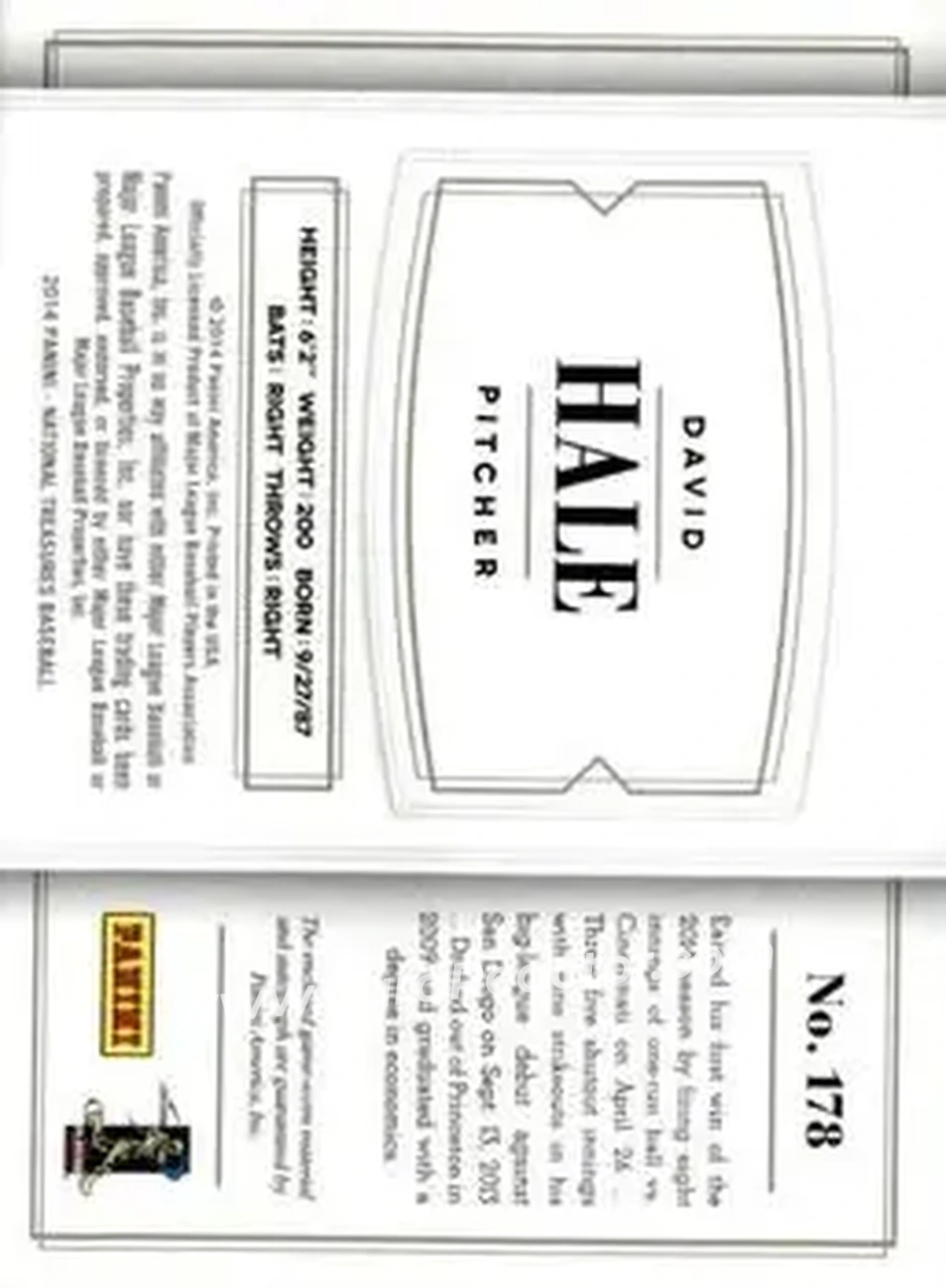 2014 Panini National Treasures #178 - David Hale - Atlanta Braves - Back