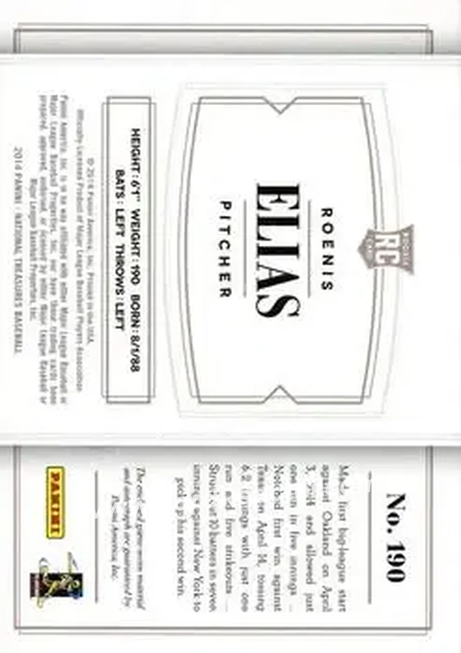 2014 Panini National Treasures #190 - Roenis Elías - Seattle Mariners - Back