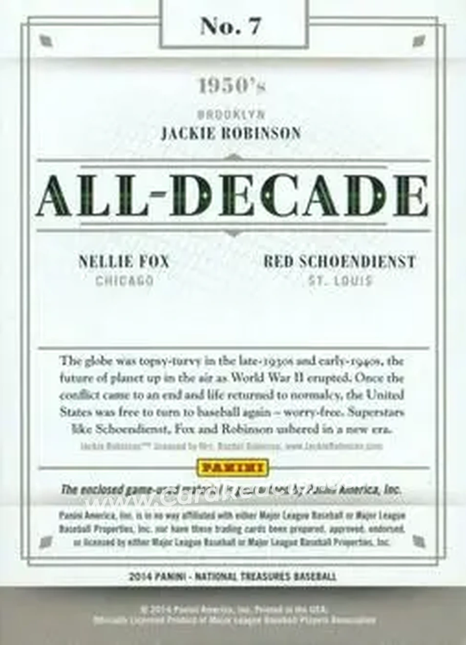 2014 Panini National Treasures - All Decade Triples #7 - Jackie Robinson - Red Schoendienst - Nellie Fox MEM, SN10 - Brooklyn Dodgers - St. Louis Cardinals - Chicago White Sox - Back 2014 Panini National Treasures - All Decade Triples #7 - Jackie Robinson - Red Schoendienst - Nellie Fox MEM, SN10 - Brooklyn Dodgers - St. Louis Cardinals - Chicago White Sox - Back