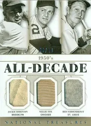 2014 Panini National Treasures #7 All Decade Triples Jackie Robinson - Red Schoendienst - Nellie Fox MEM, SN10 - Brooklyn Dodgers - St. Louis Cardinals - Chicago White Sox