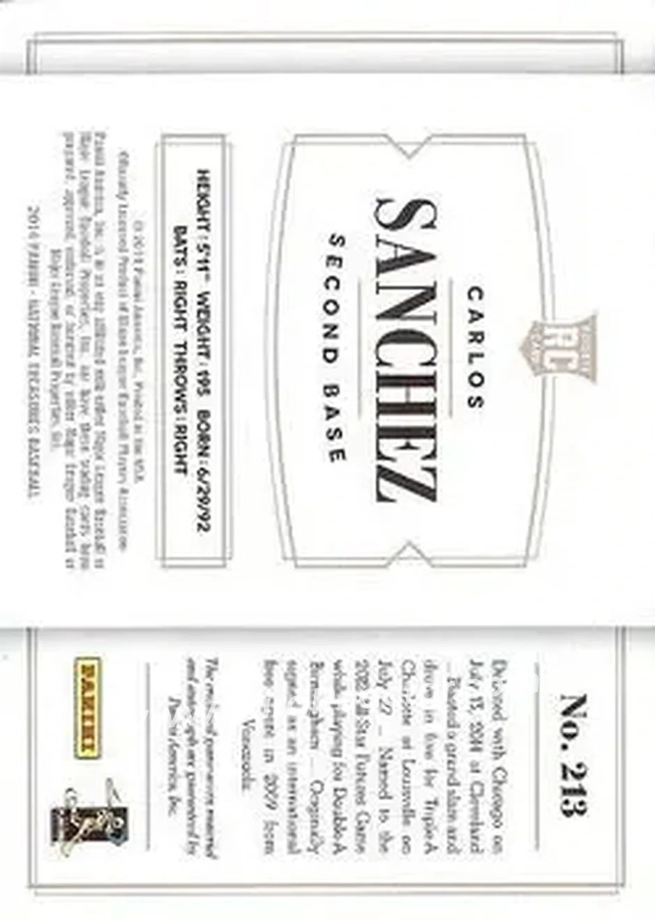 2014 Panini National Treasures #213 - Yolmer Sanchez - Chicago White Sox - Back 2014 Panini National Treasures #213 - Yolmer Sanchez - Chicago White Sox - Back