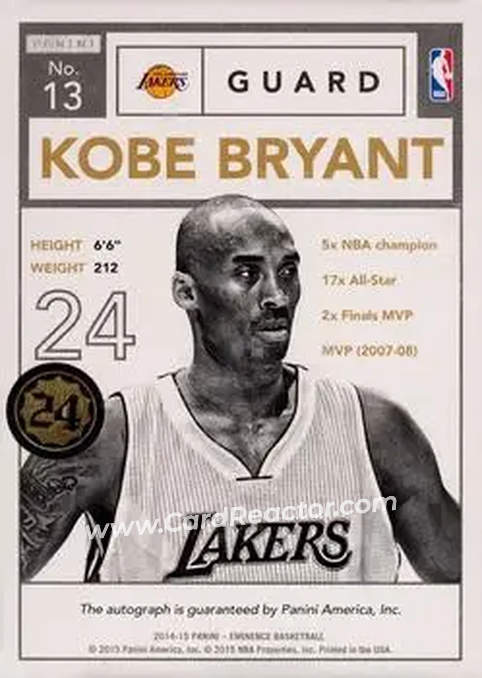 2014-15 Panini Eminence - Gold #13 - Kobe Bryant - Los Angeles Lakers - Back