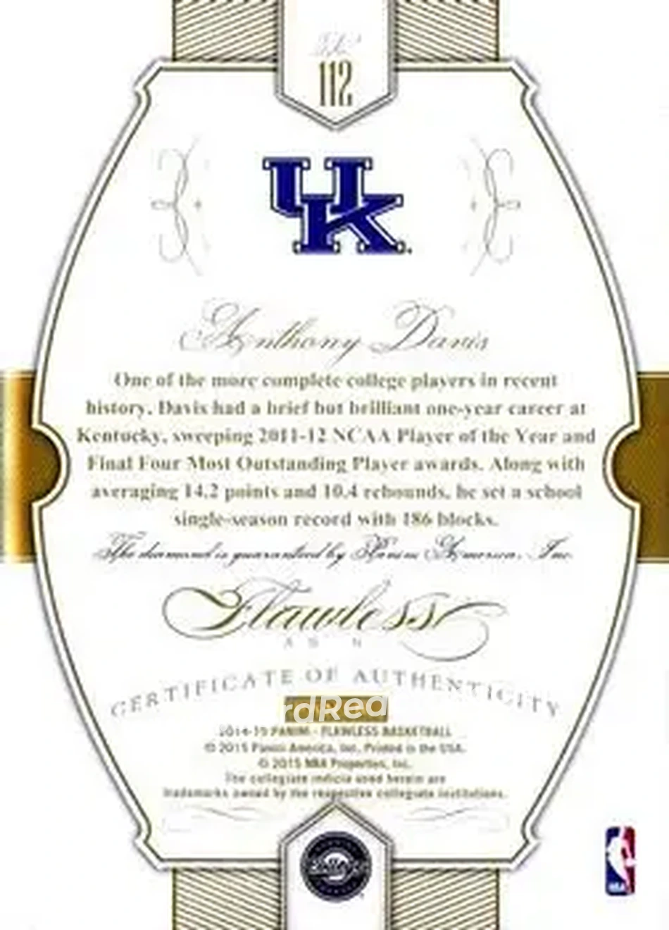 2014-15 Panini Flawless #112 - Anthony Davis - Kentucky Wildcats - Back