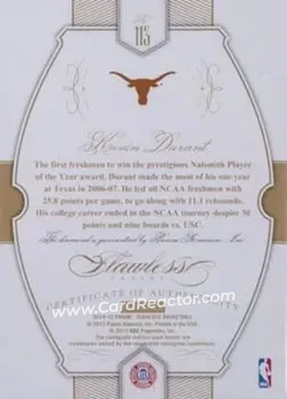 2014-15 Panini Flawless #113 - Kevin Durant - Texas Longhorns - Back