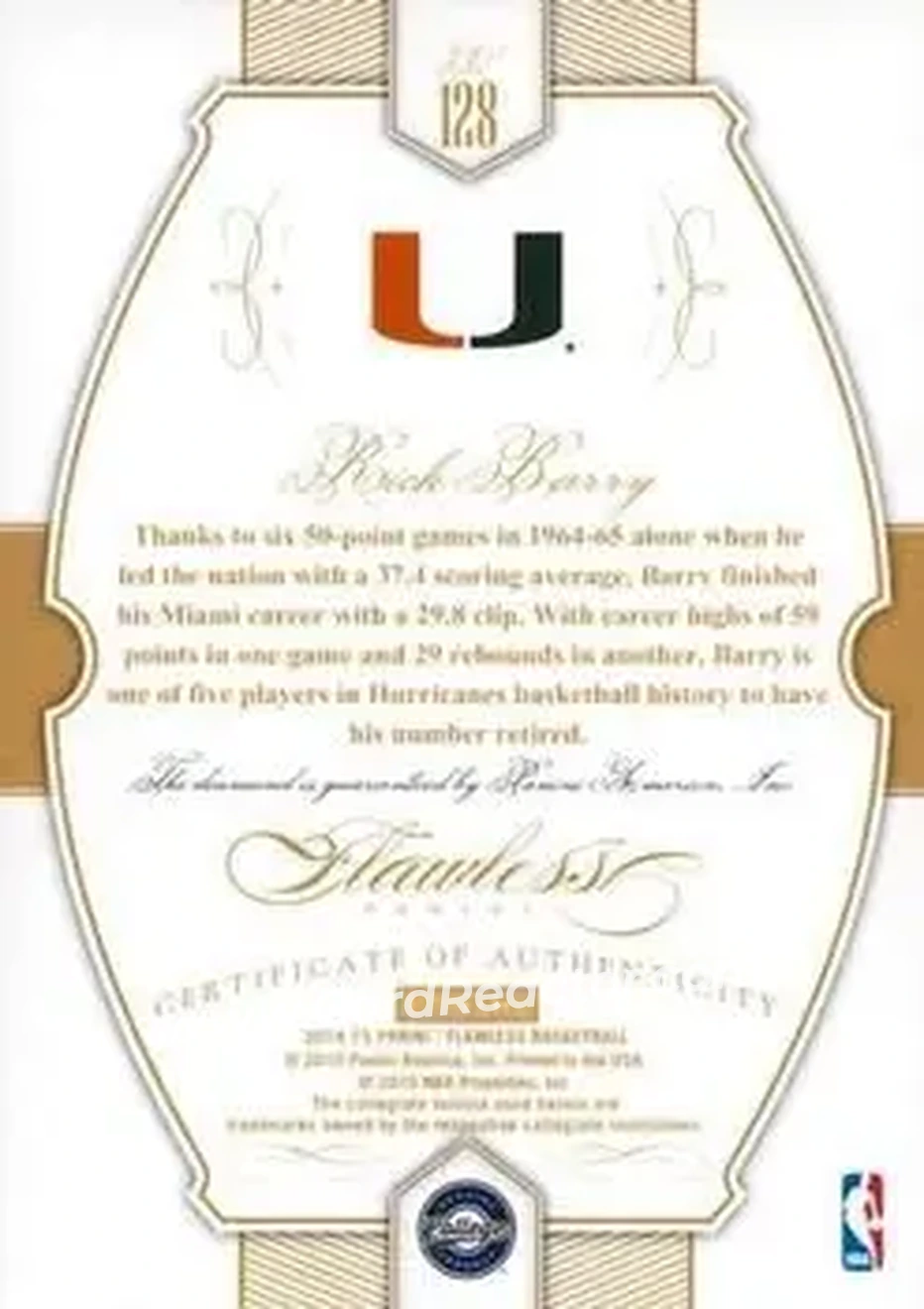 2014-15 Panini Flawless #128 - Rick Barry - Miami Hurricanes - Back