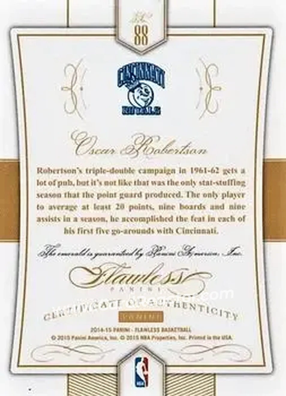 2014-15 Panini Flawless - Emerald #88 - Oscar Robertson - Cincinnati Royals - Back 2014-15 Panini Flawless - Emerald #88 - Oscar Robertson - Cincinnati Royals - Back