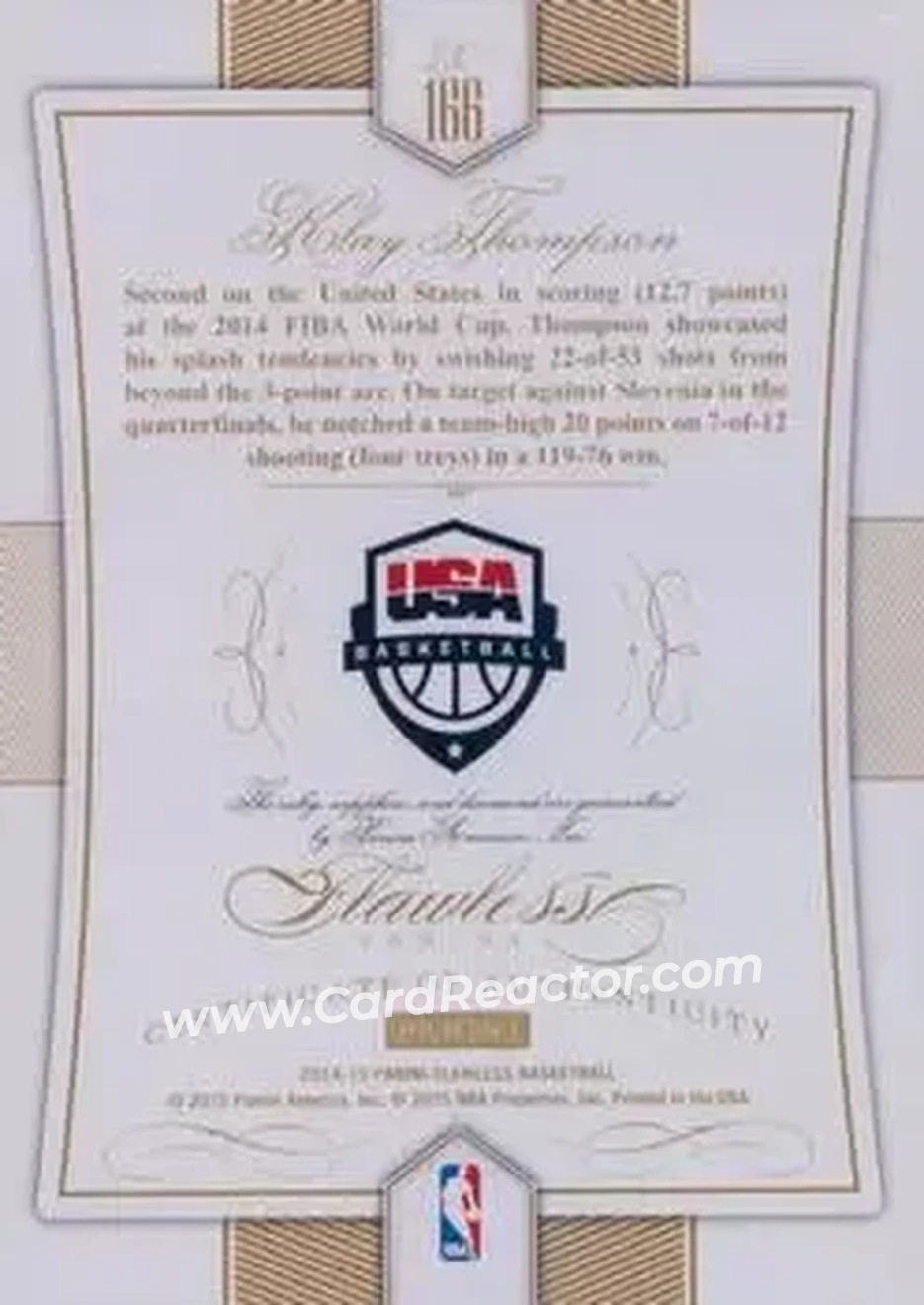 2014-15 Panini Flawless - Ruby #166 - Klay Thompson - USA - Back 2014-15 Panini Flawless - Ruby #166 - Klay Thompson - USA - Back