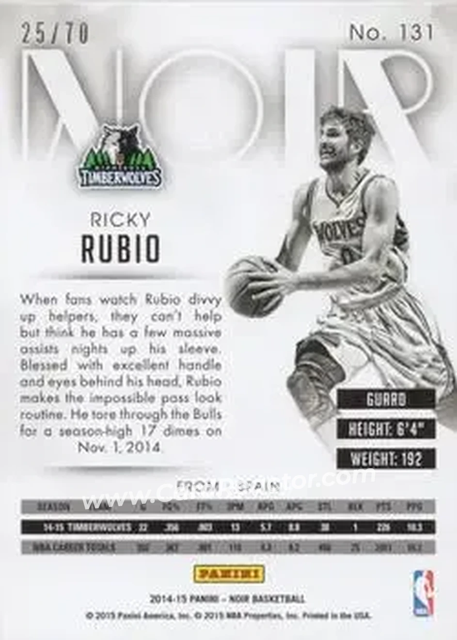2014-15 Panini Noir #131 - Ricky Rubio - Minnesota Timberwolves - Back