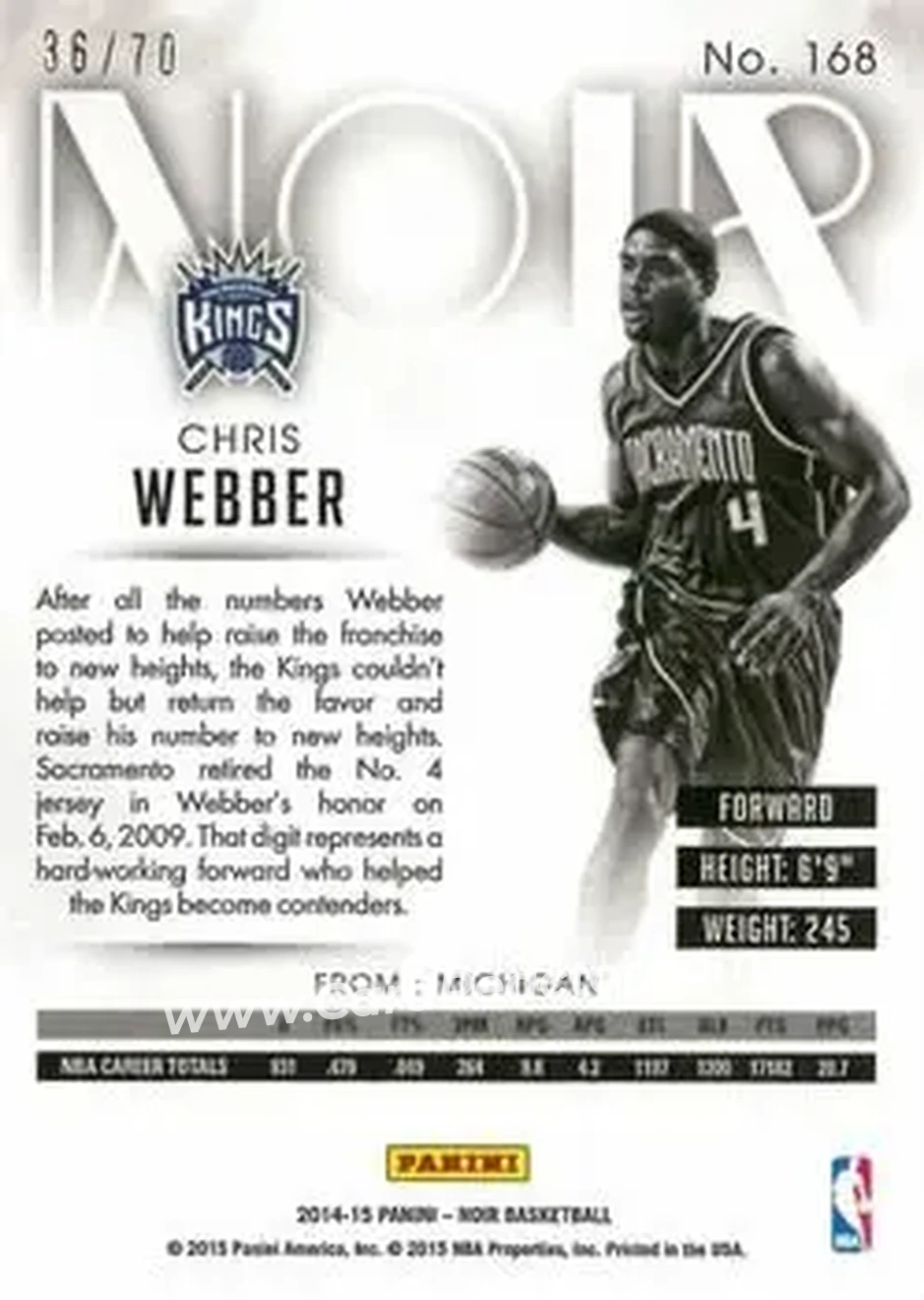 2014-15 Panini Noir #168 - Chris Webber - Sacramento Kings - Back
