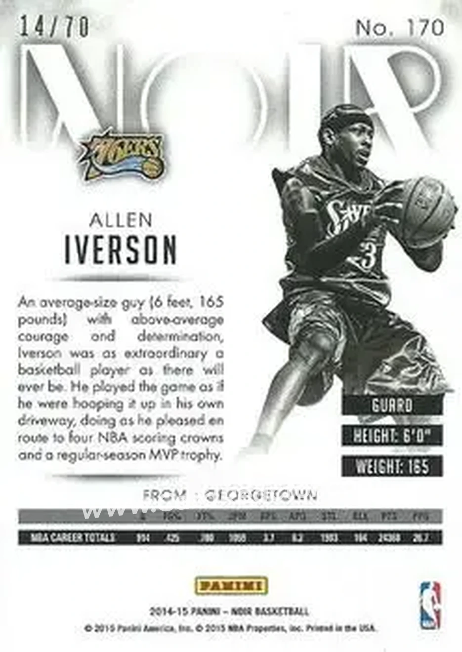 2014-15 Panini Noir #170 - Allen Iverson - Philadelphia 76ers - Back