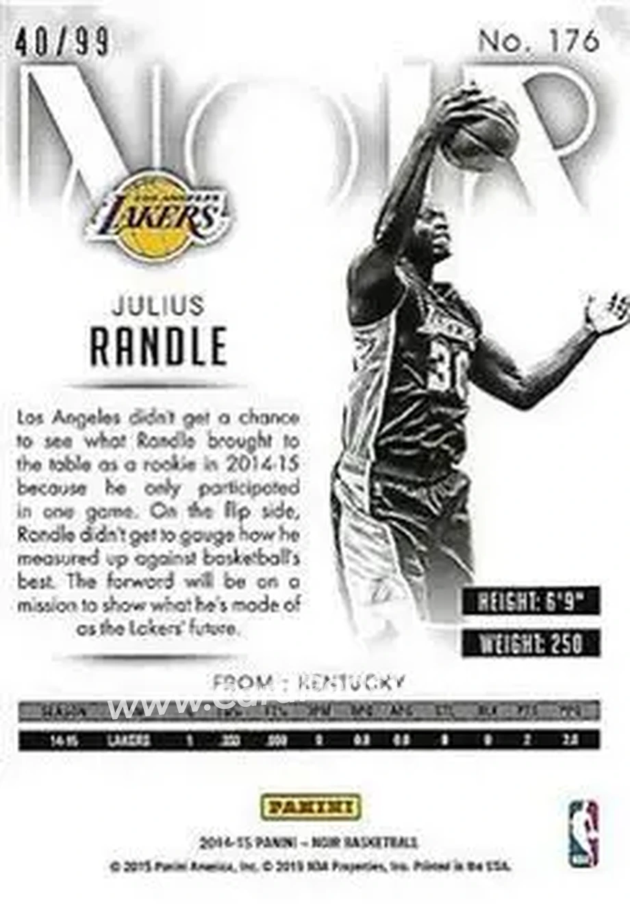 2014-15 Panini Noir #176 - Julius Randle - Los Angeles Lakers - Back
