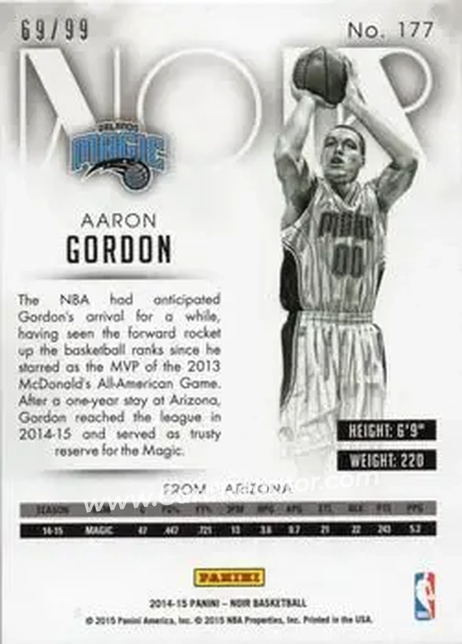 2014-15 Panini Noir #177 - Aaron Gordon - Orlando Magic - Back