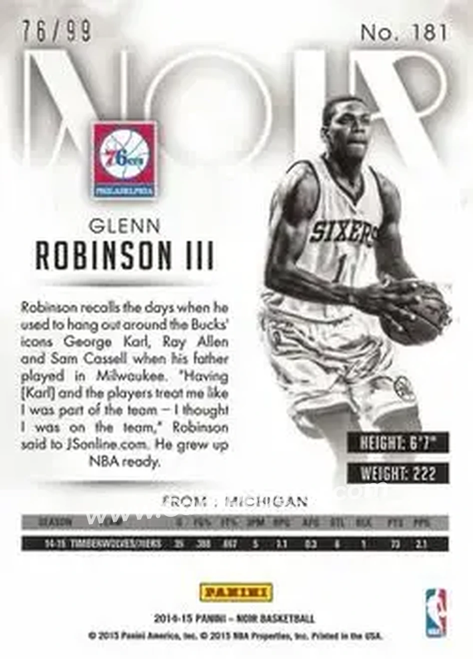 2014-15 Panini Noir #181 - Glenn Robinson III - Philadelphia 76ers - Back