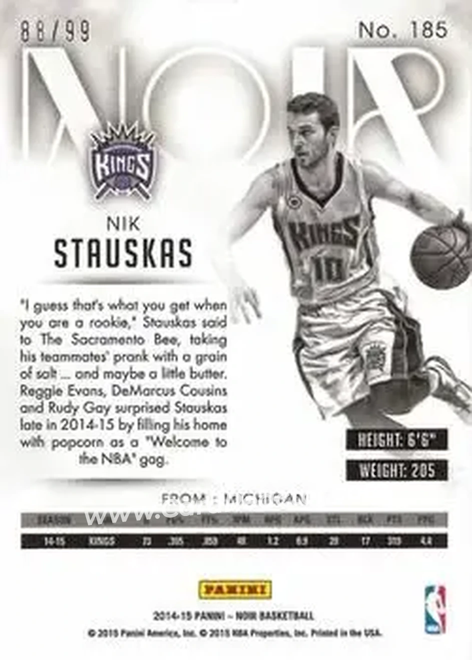 2014-15 Panini Noir #185 - Nik Stauskas - Sacramento Kings - Back