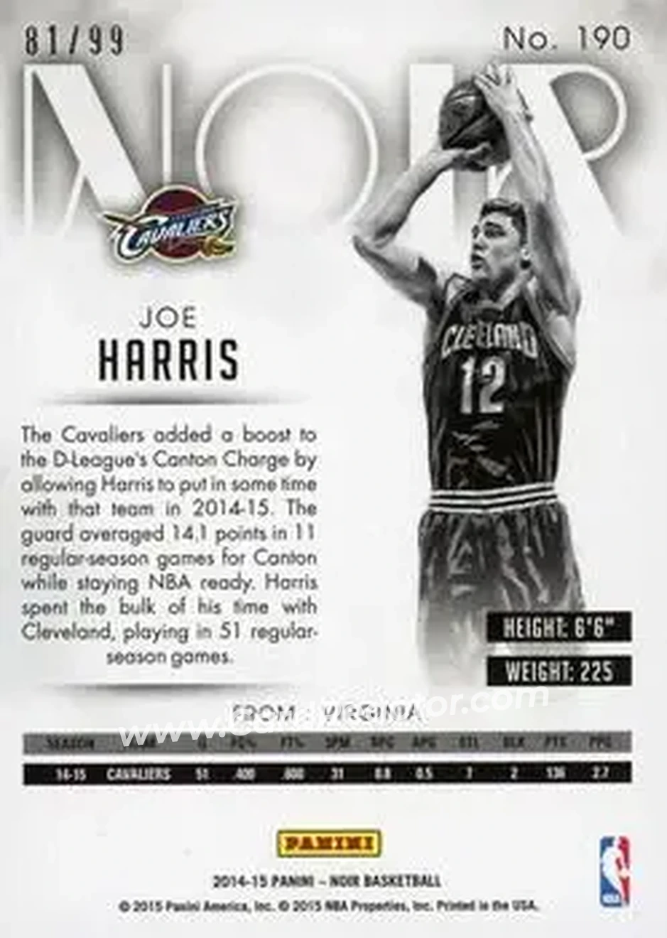 2014-15 Panini Noir #190 - Joe Harris - Cleveland Cavaliers - Back