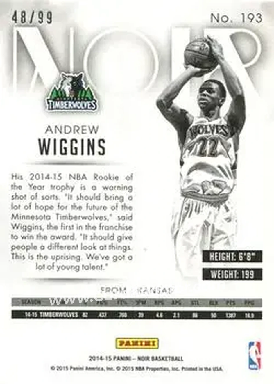 2014-15 Panini Noir #193 - Andrew Wiggins - Minnesota Timberwolves - Back