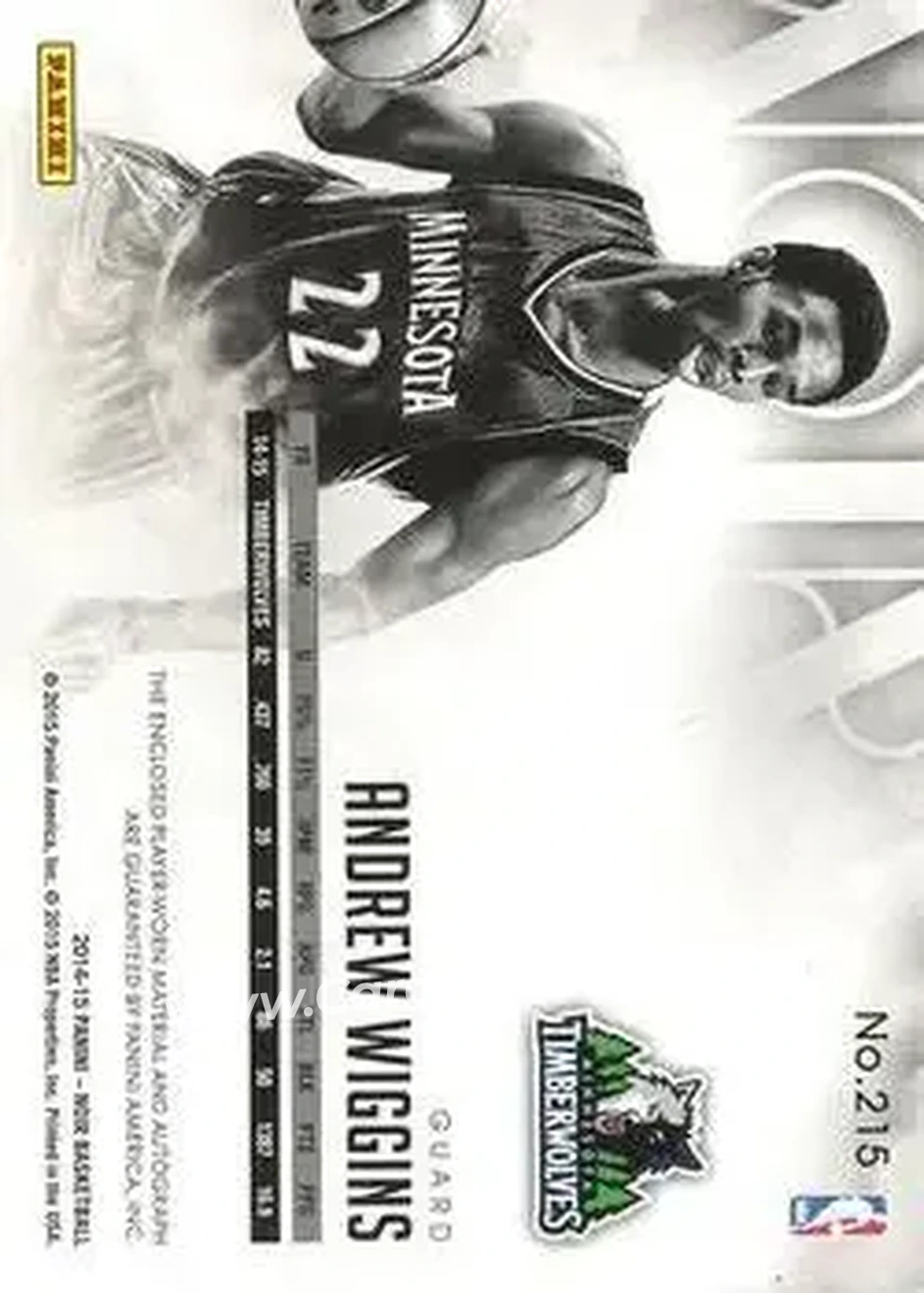 2014-15 Panini Noir #215 - Andrew Wiggins - Minnesota Timberwolves - Back