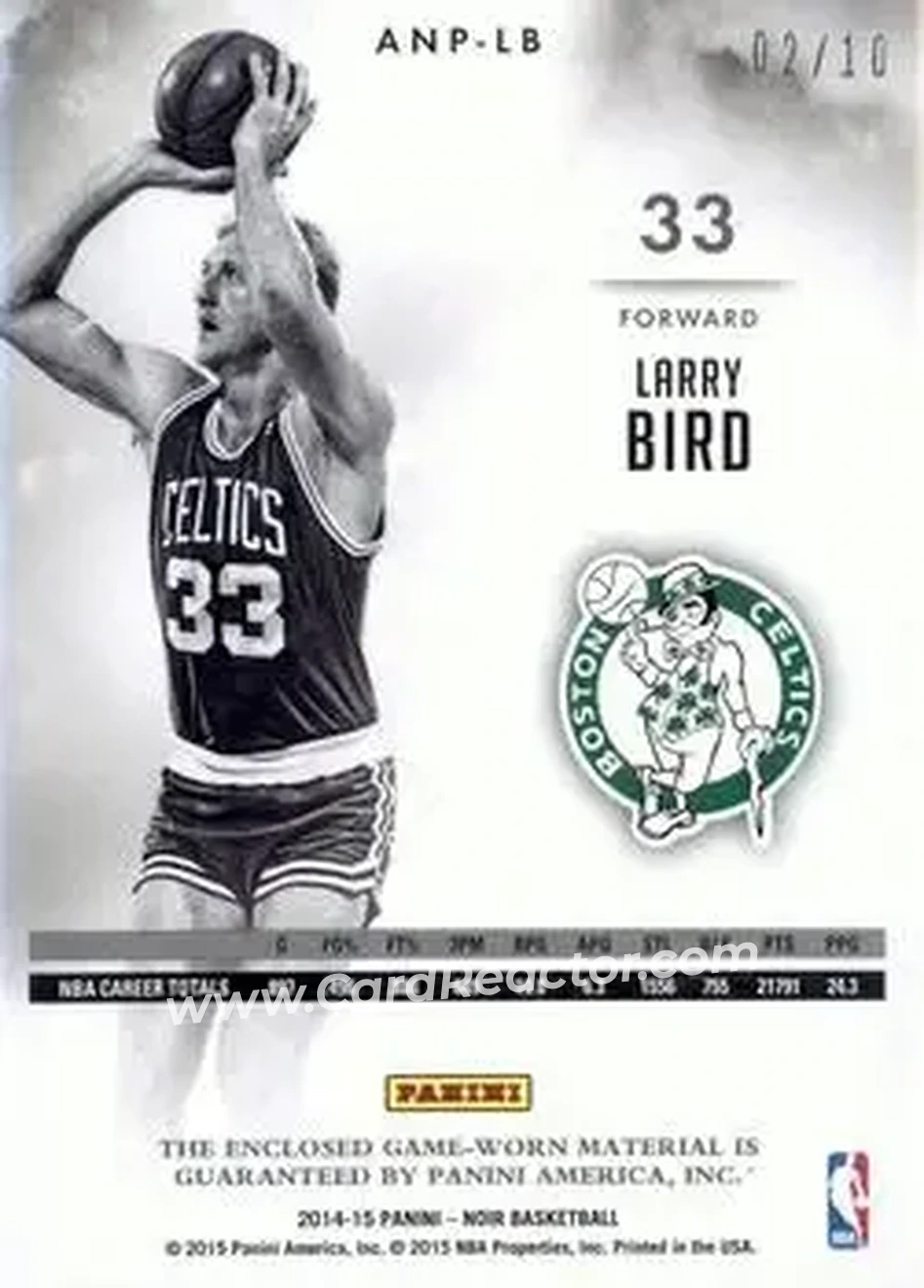 2014-15 Panini Noir - Acetate Noir Materials Prime #ANP-LB - Larry Bird - Boston Celtics - Back