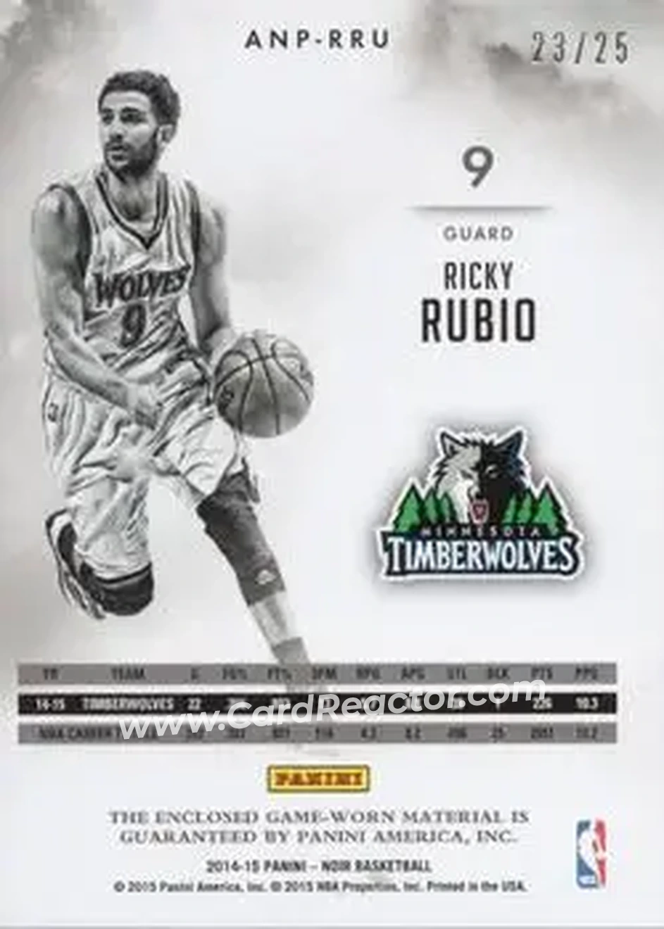 2014-15 Panini Noir - Acetate Noir Materials Prime #ANP-RRU - Ricky Rubio - Minnesota Timberwolves - Back