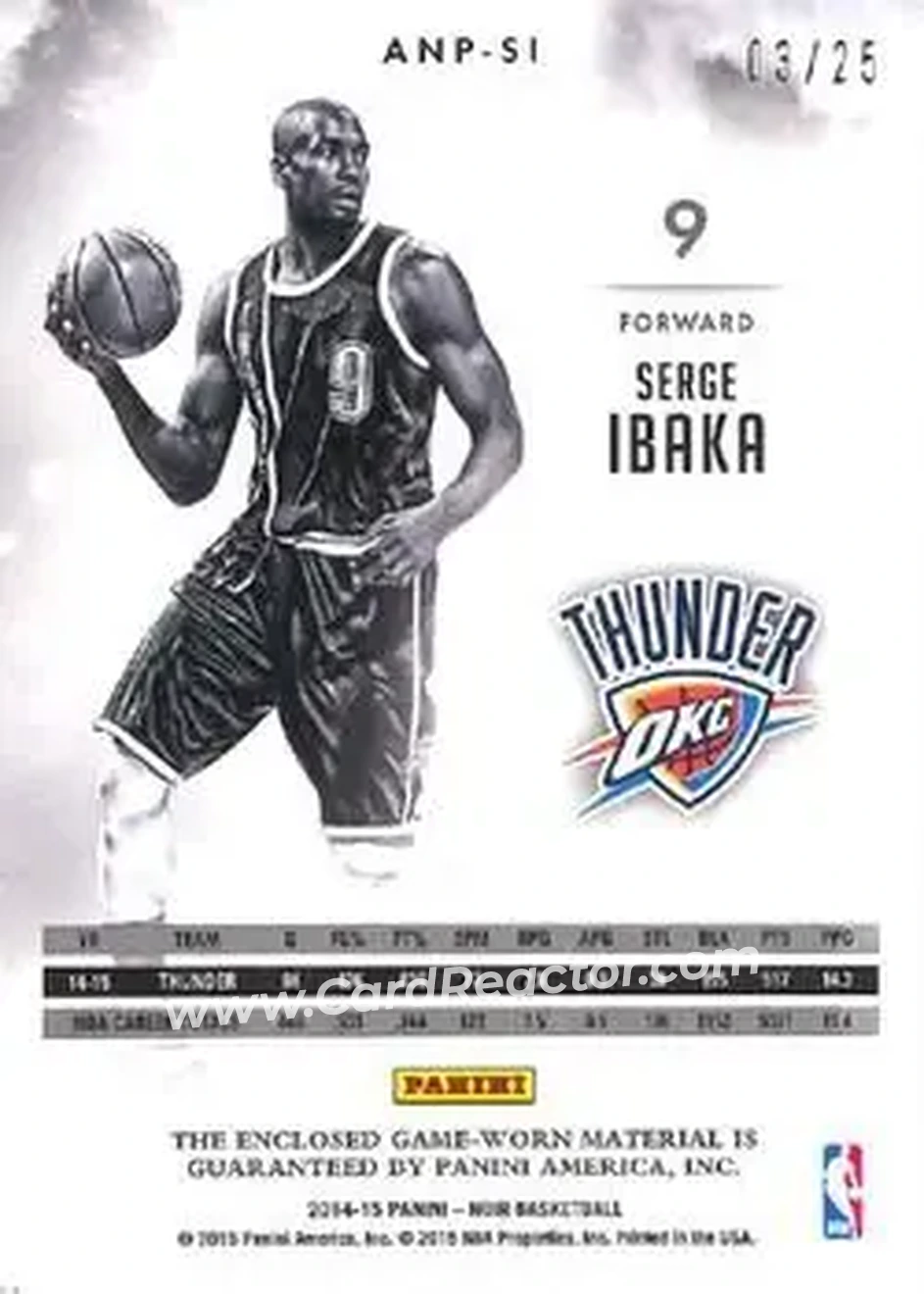 2014-15 Panini Noir - Acetate Noir Materials Prime #ANP-SI - Serge Ibaka - Oklahoma City Thunder - Back