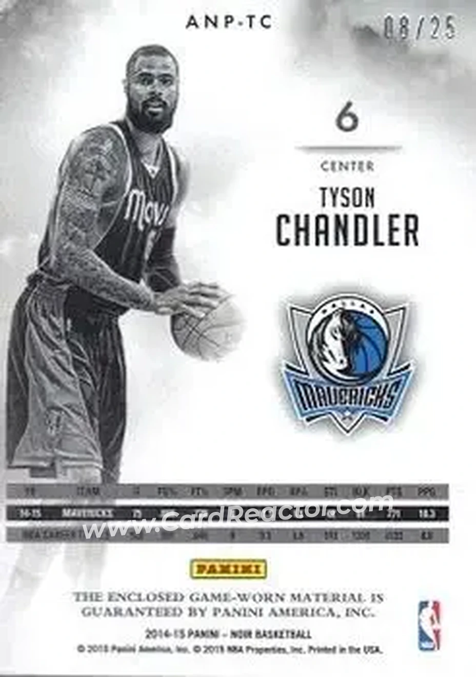 2014-15 Panini Noir - Acetate Noir Materials Prime #ANP-TC - Tyson Chandler - Dallas Mavericks - Back