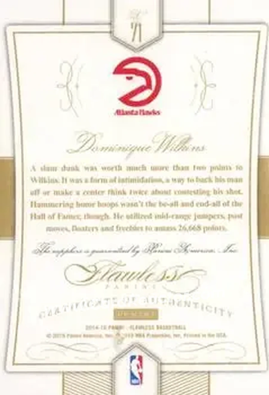 2014-15 Panini Flawless - Sapphire #71 - Dominique Wilkins - Atlanta Hawks - Back