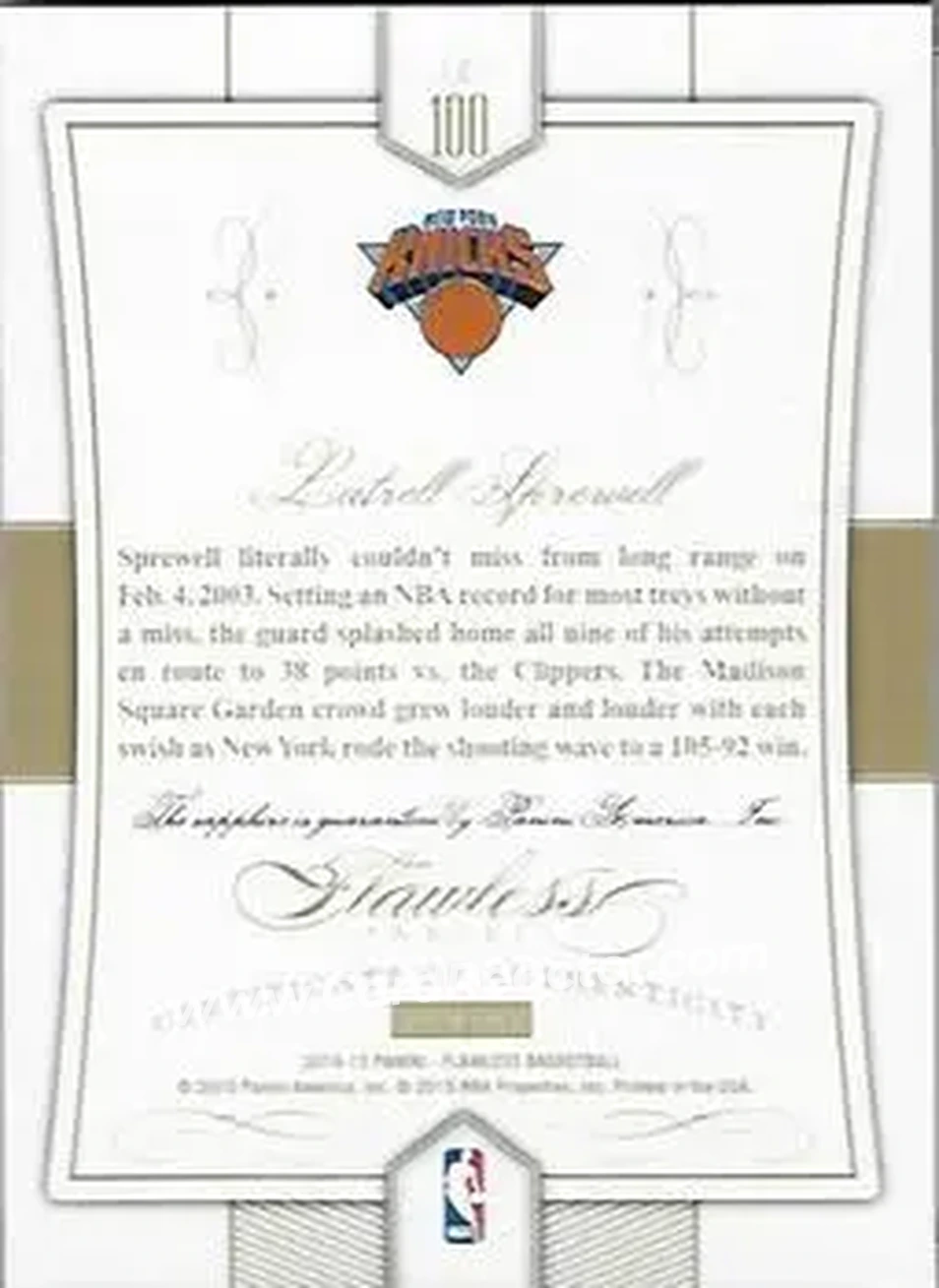 2014-15 Panini Flawless - Sapphire #100 - Latrell Sprewell - New York Knicks - Back