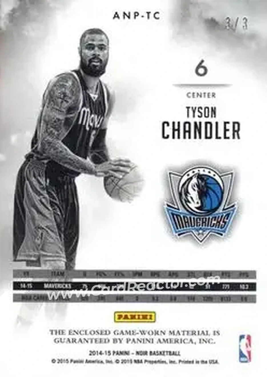 2014-15 Panini Noir - Acetate Noir Materials Prime Tags #ANP-TC - Tyson Chandler - Dallas Mavericks - Back