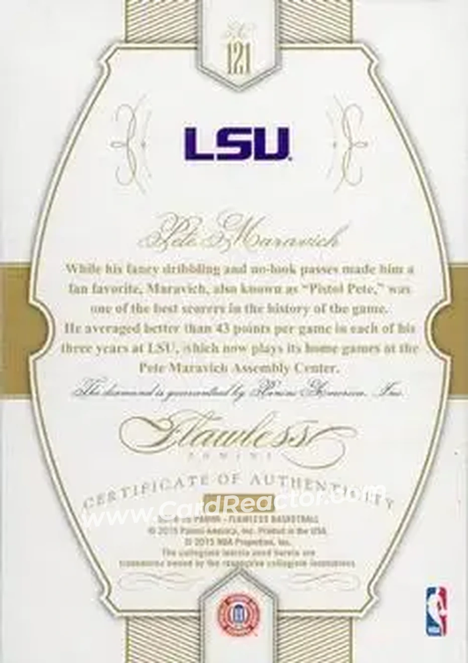 2014-15 Panini Flawless - Sapphire #121 - Pete Maravich - LSU Tigers - Back 2014-15 Panini Flawless - Sapphire #121 - Pete Maravich - LSU Tigers - Back