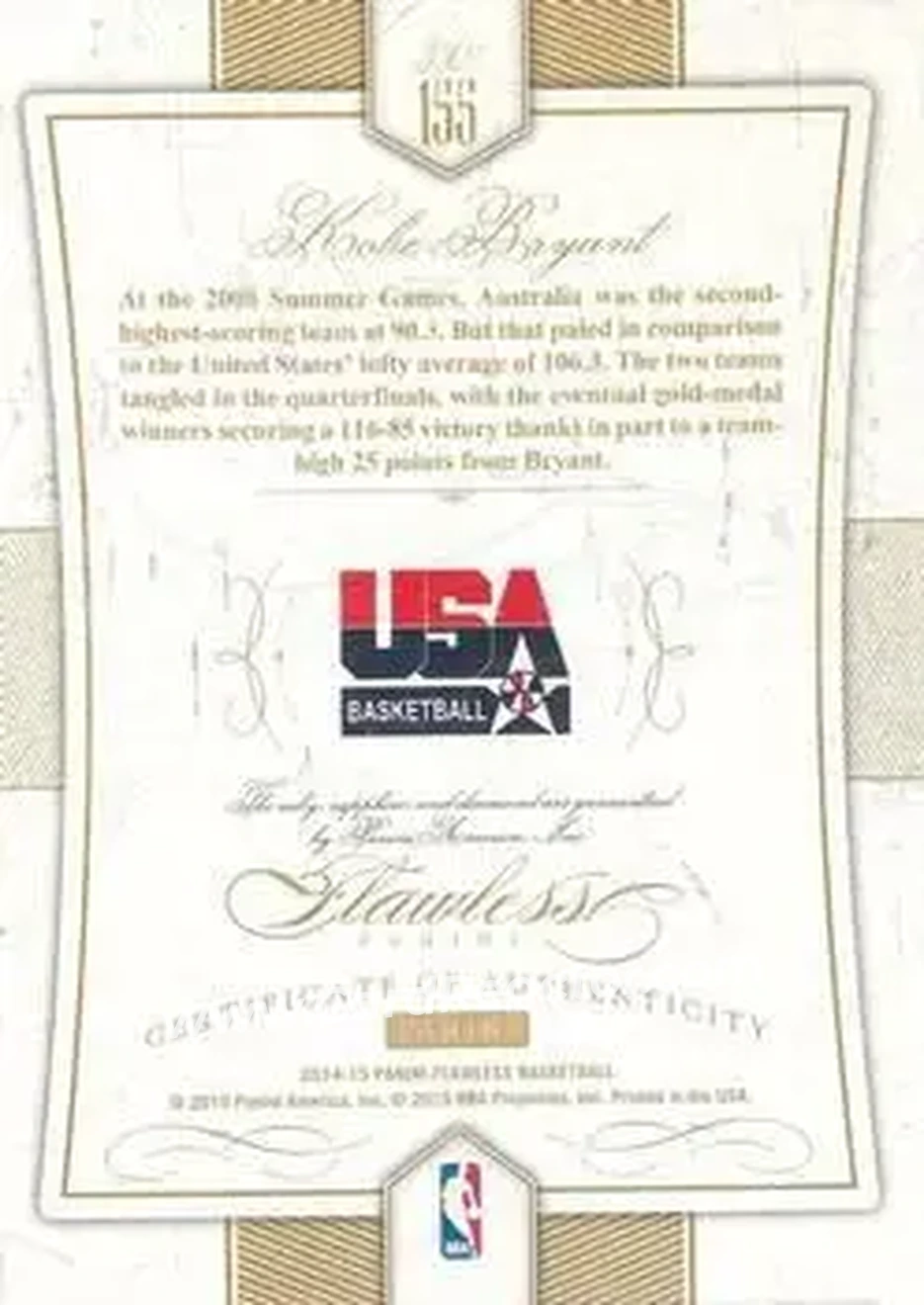 2014-15 Panini Flawless - Sapphire #155 - Kobe Bryant - USA - Back 2014-15 Panini Flawless - Sapphire #155 - Kobe Bryant - USA - Back