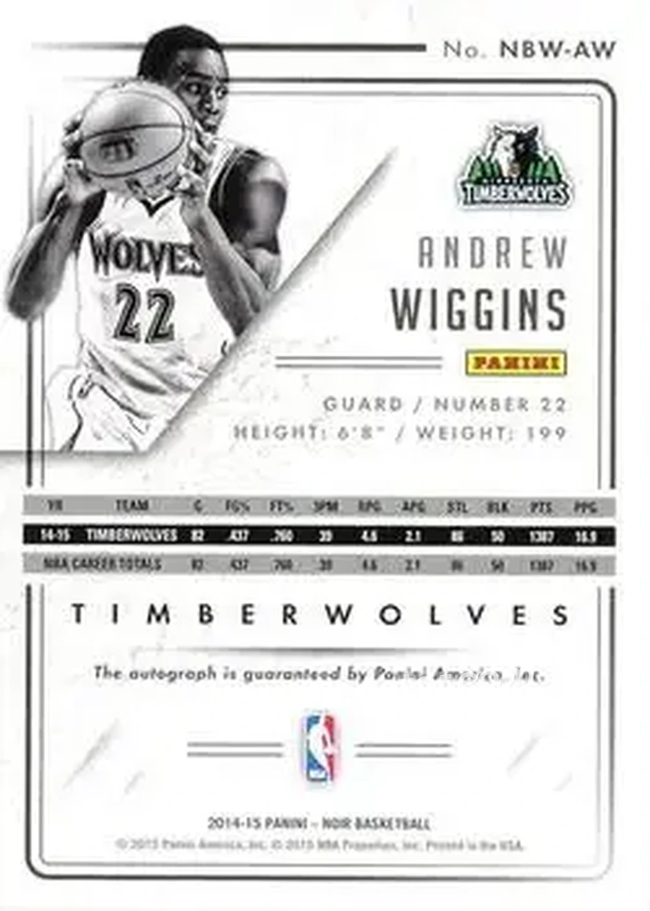 2014-15 Panini Noir - Auto Noir Black and White #NBW-AW - Andrew Wiggins - Minnesota Timberwolves - Back 2014-15 Panini Noir - Auto Noir Black and White #NBW-AW - Andrew Wiggins - Minnesota Timberwolves - Back