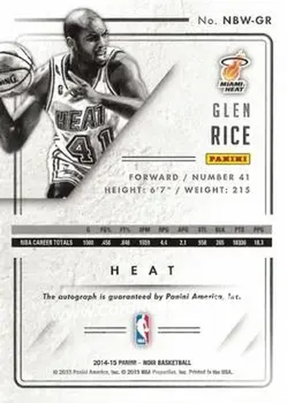 2014-15 Panini Noir - Auto Noir Black and White #NBW-GR - Glen Rice - Miami Heat - Back
