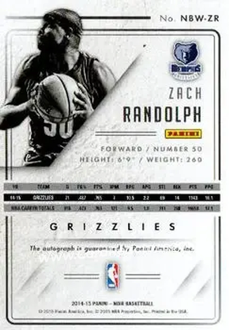 2014-15 Panini Noir - Auto Noir Black and White #NBW-ZR - Zach Randolph - Memphis Grizzlies - Back 2014-15 Panini Noir - Auto Noir Black and White #NBW-ZR - Zach Randolph - Memphis Grizzlies - Back