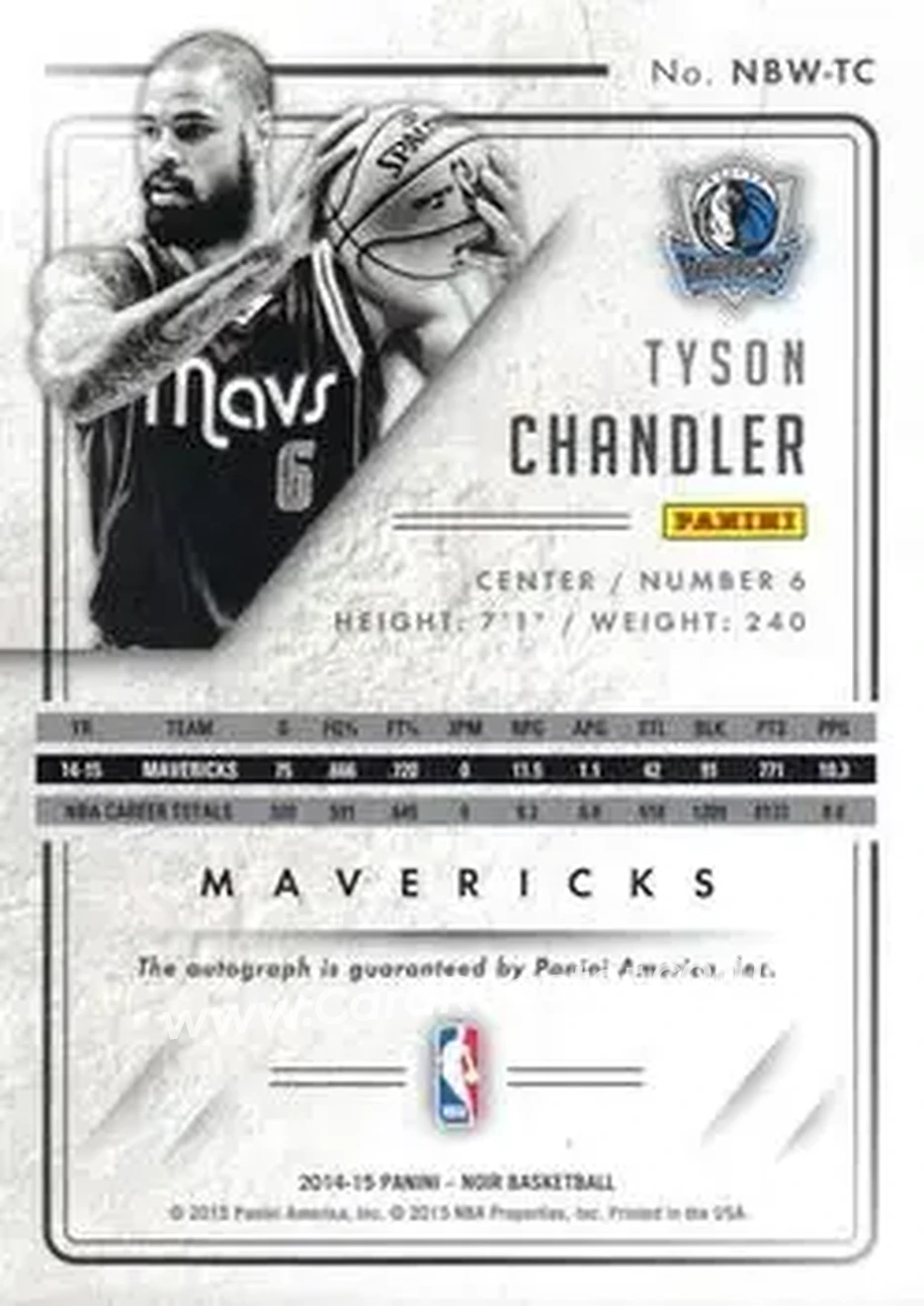 2014-15 Panini Noir - Auto Noir Black and White Platinum #36 - Tyson Chandler - Dallas Mavericks - Back