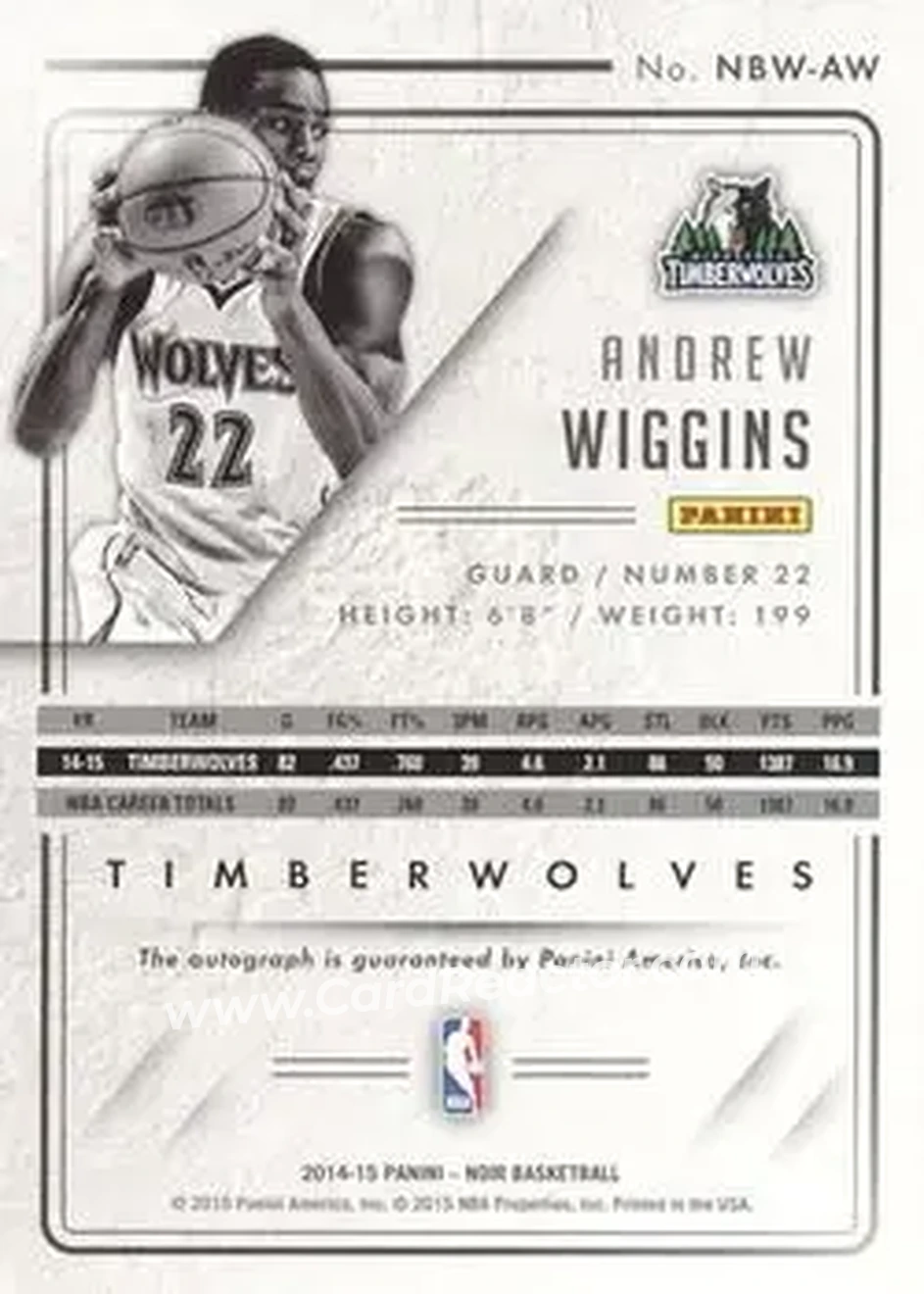 2014-15 Panini Noir - Auto Noir Black and White Platinum #42 - Andrew Wiggins - Minnesota Timberwolves - Back