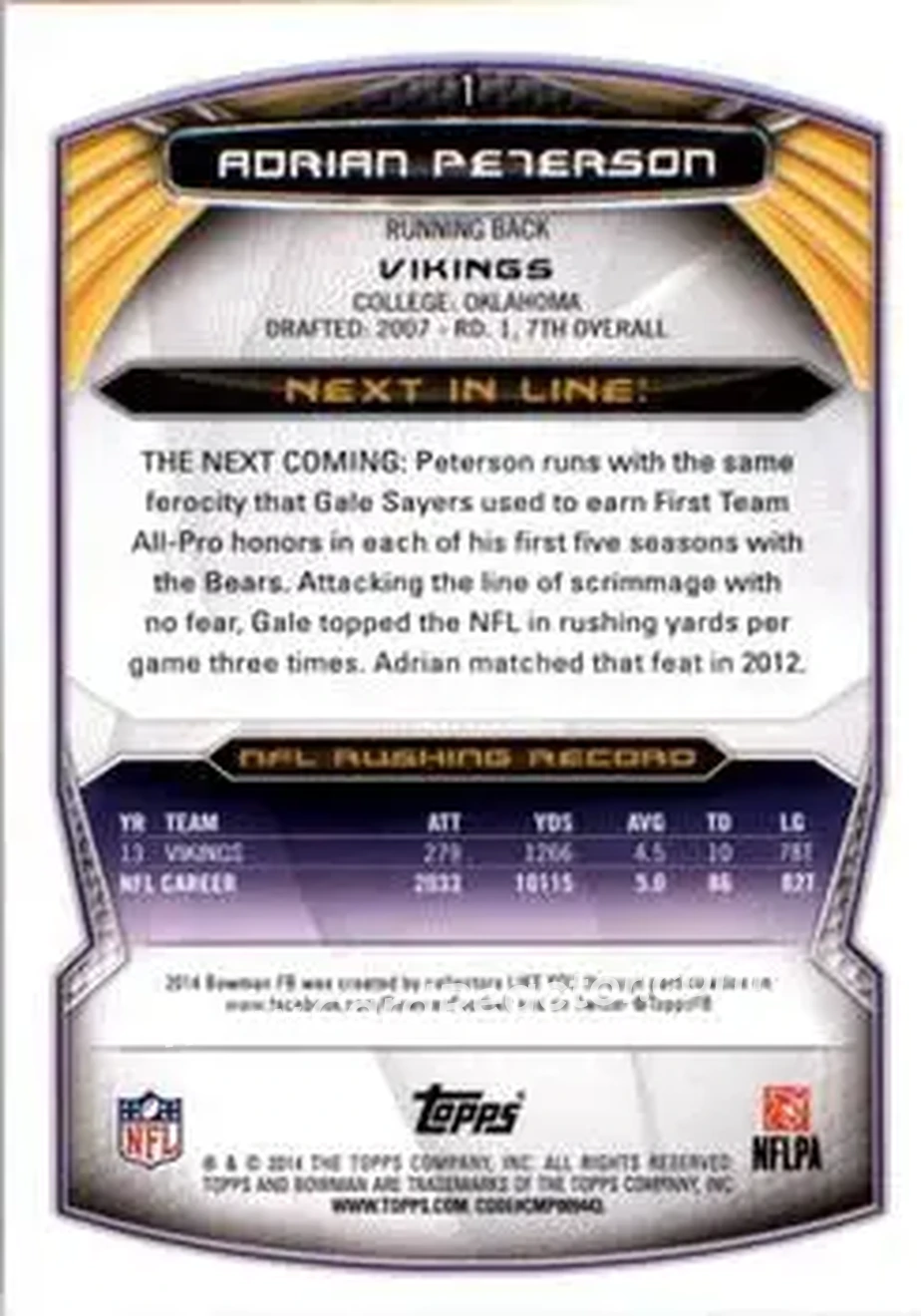 2014 Bowman #1 - Adrian Peterson - Minnesota Vikings - Back