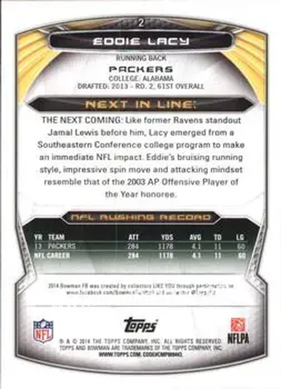 2014 Bowman #2 - Eddie Lacy - Green Bay Packers - Back