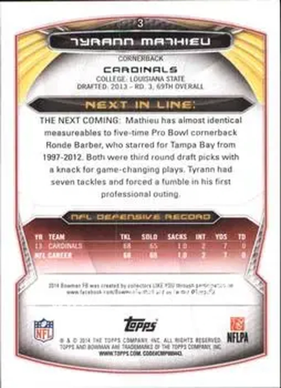 2014 Bowman #3 - Tyrann Mathieu - Arizona Cardinals - Back