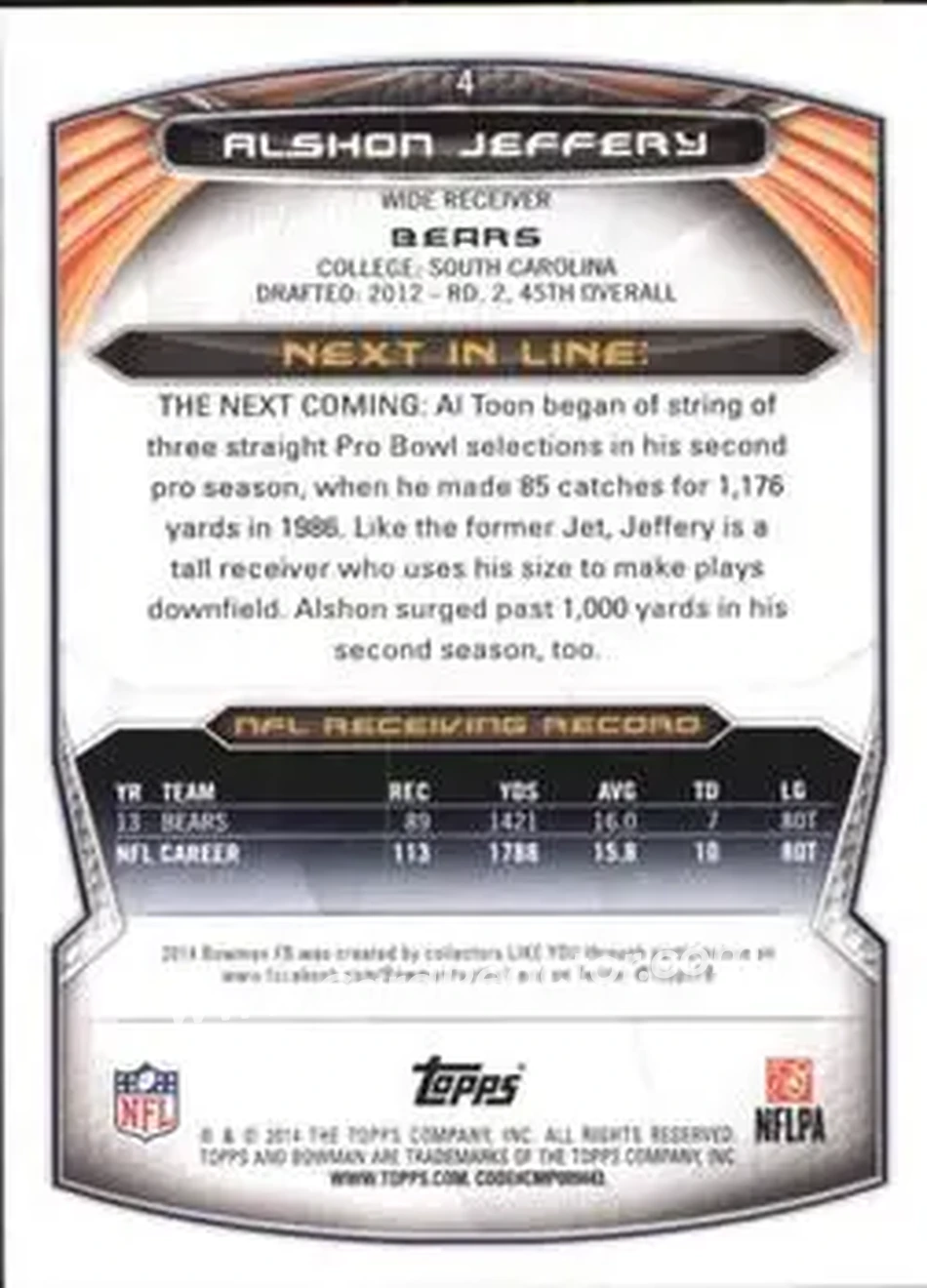 2014 Bowman #4 - Alshon Jeffery - Chicago Bears - Back