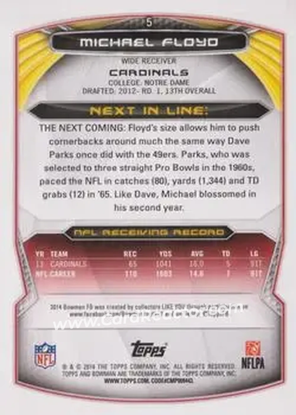 2014 Bowman #5 - Michael Floyd - Arizona Cardinals - Back