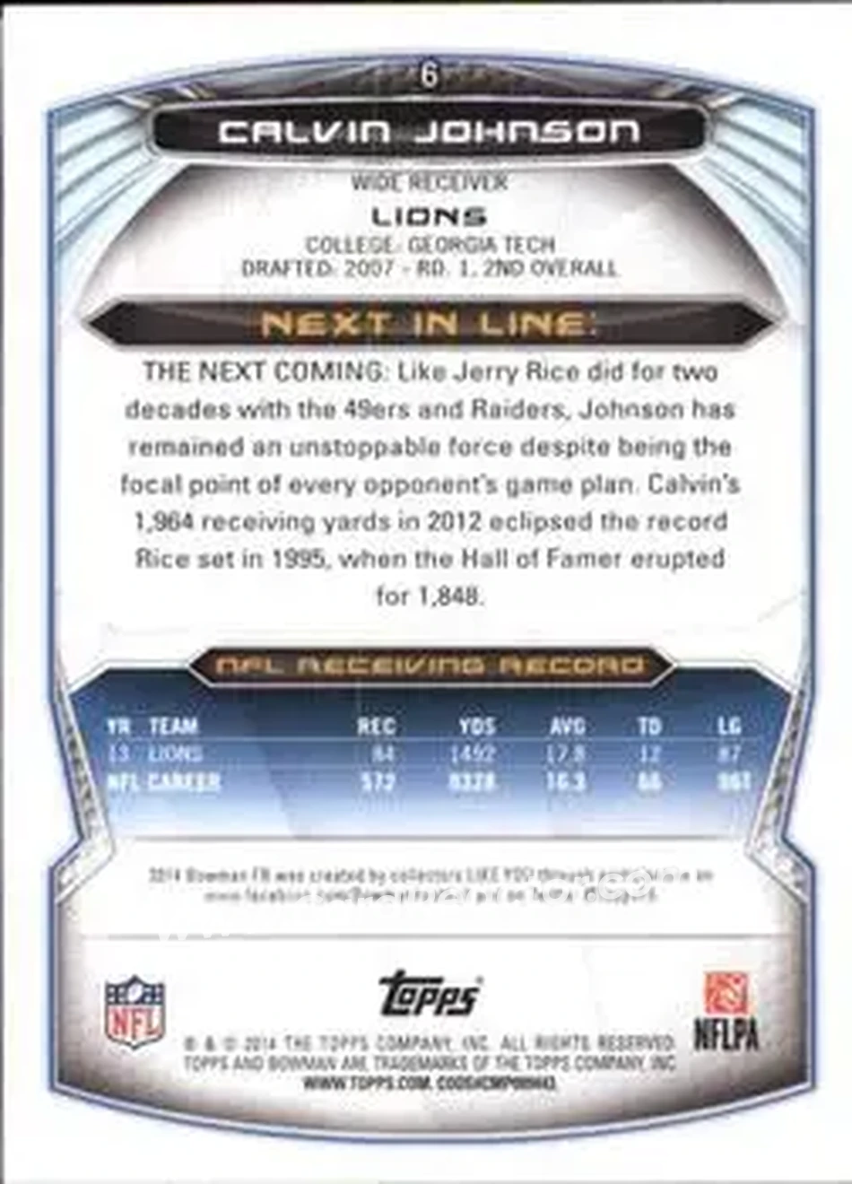 2014 Bowman #6 - Calvin Johnson - Detroit Lions - Back