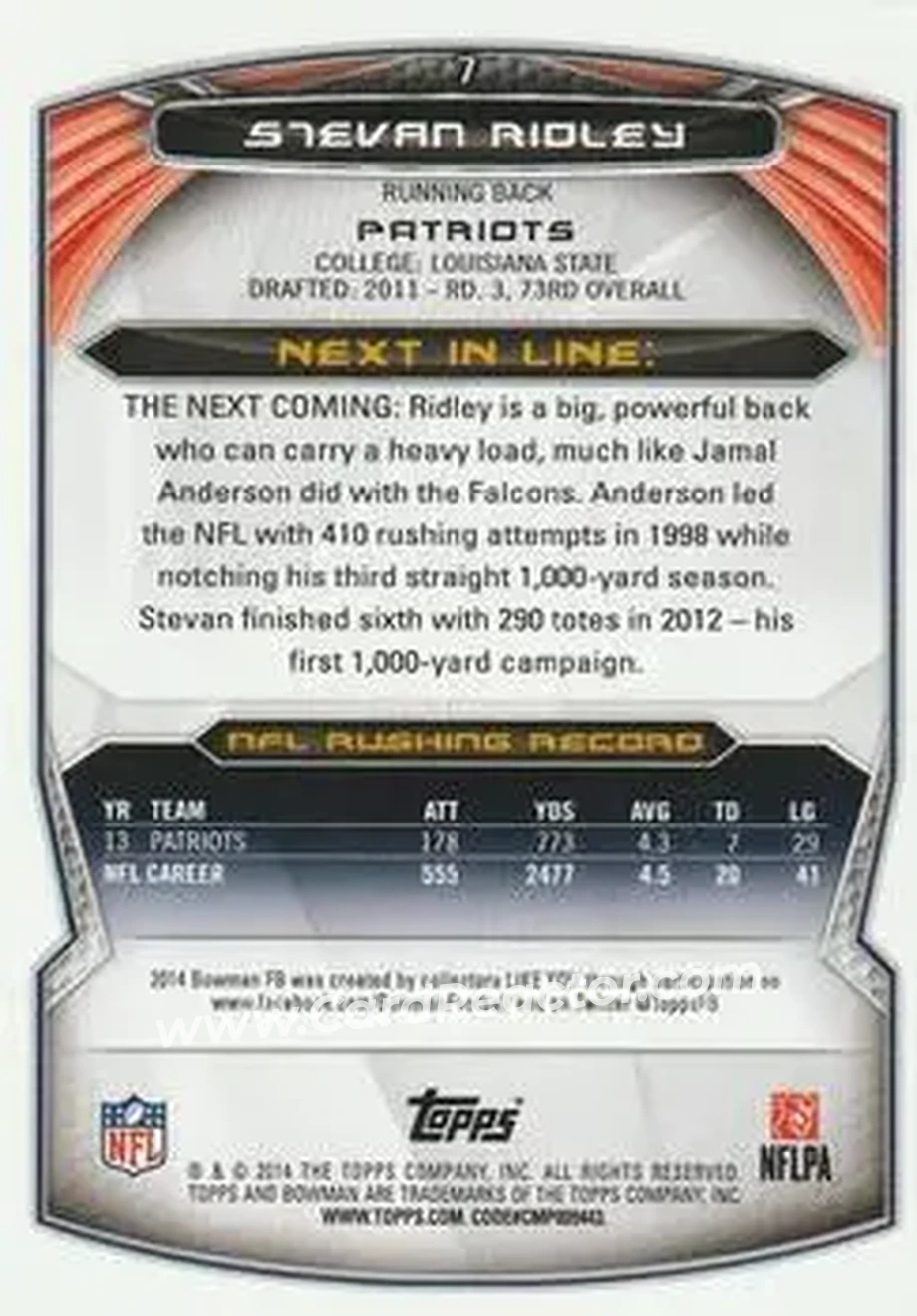2014 Bowman #7 - Stevan Ridley - New England Patriots - Back