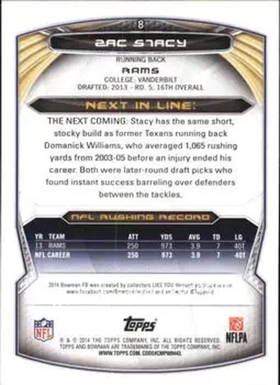 2014 Bowman #8 - Zac Stacy - St. Louis Rams - Back