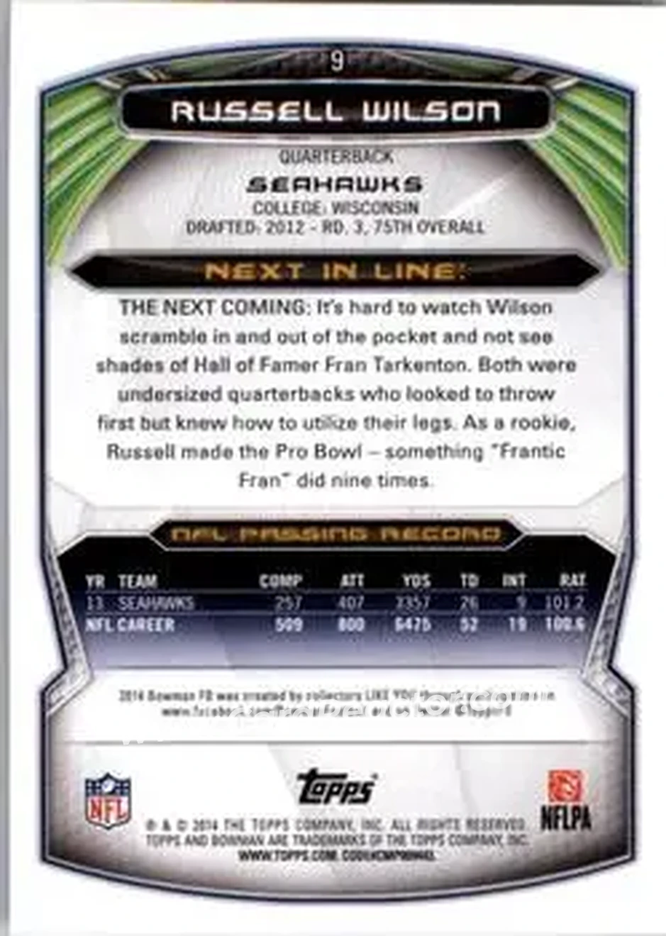 2014 Bowman #9 - Russell Wilson - Seattle Seahawks - Back