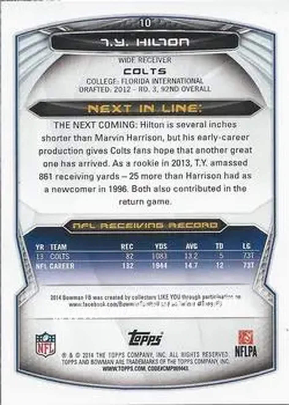 2014 Bowman #10 - T.Y. Hilton - Indianapolis Colts - Back