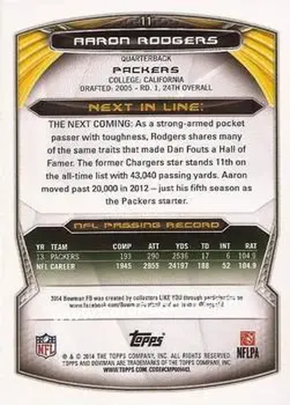 2014 Bowman #11 - Aaron Rodgers - Green Bay Packers - Back