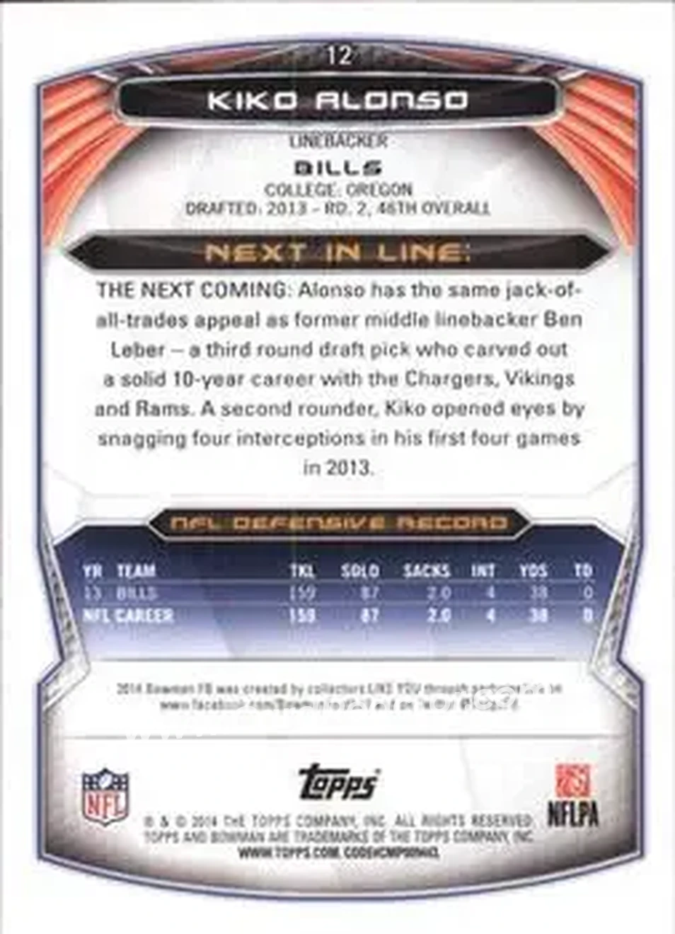2014 Bowman #12 - Kiko Alonso - Buffalo Bills - Back