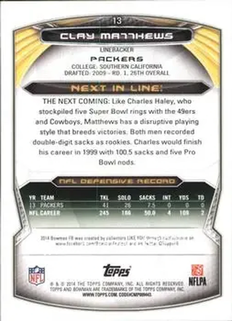 2014 Bowman #13 - Clay Matthews - Green Bay Packers - Back